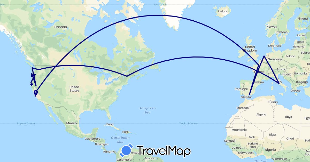 TravelMap itinerary: driving in Spain, France, Italy, Netherlands, United States (Europe, North America)